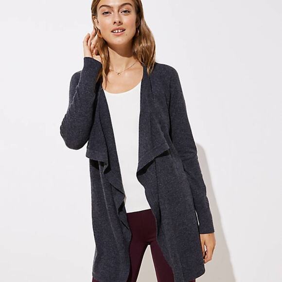 NWT LOFT Dark Charcoal Grey Draped Soft Knit Open Cardigan Sweater - SIZE S - Picture 2 of 9